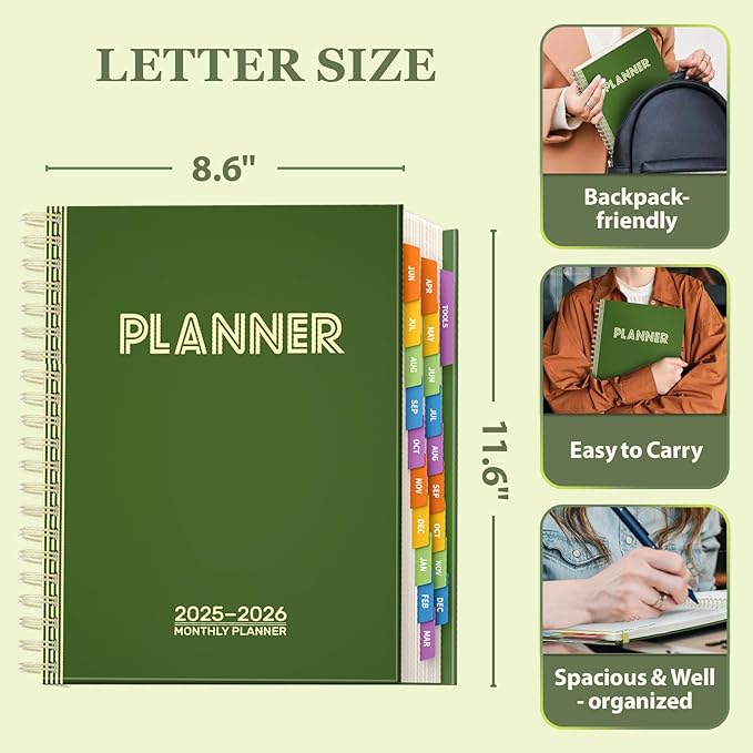 19 Months Planner, 2026 Weekly & Monthly Planner, 8.5"×11" Daily Weekly Monthly Calendar Planner, June 2025-Dec 2026 Organizers with Habit Tracker for School & Office, Colored Tabs, Stickers, Pocket, Ruler Bookmark-Green