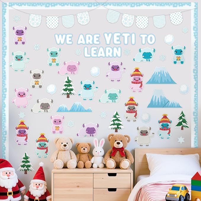 Christmas Bulletin Board Decoration - 123pcs Snow Monster Cutout with Banner Decor Set, Winter Yeti Fireplace Chalkboard Classroom Wall Accents Ideas Kits for School Class Home Supplies