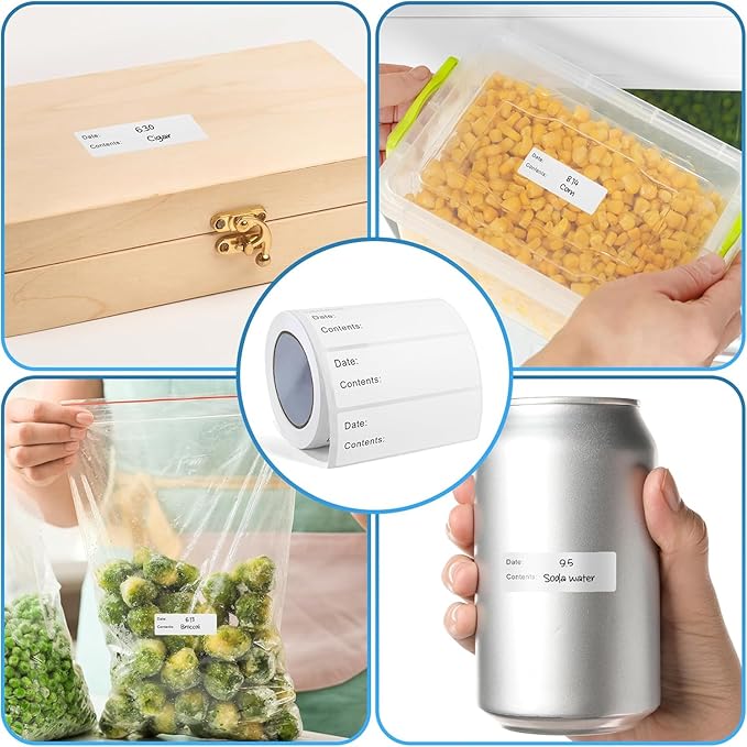 BLISKO 1000 Pcs Freezer Labels, 2 Rolls, 1x3 Inch Food Labels Stickers with Pre-Printed Date & Contents, Food Storage Labels, Waterproof, No Residue for Meal Prep, Food Containers, Jars, Bags