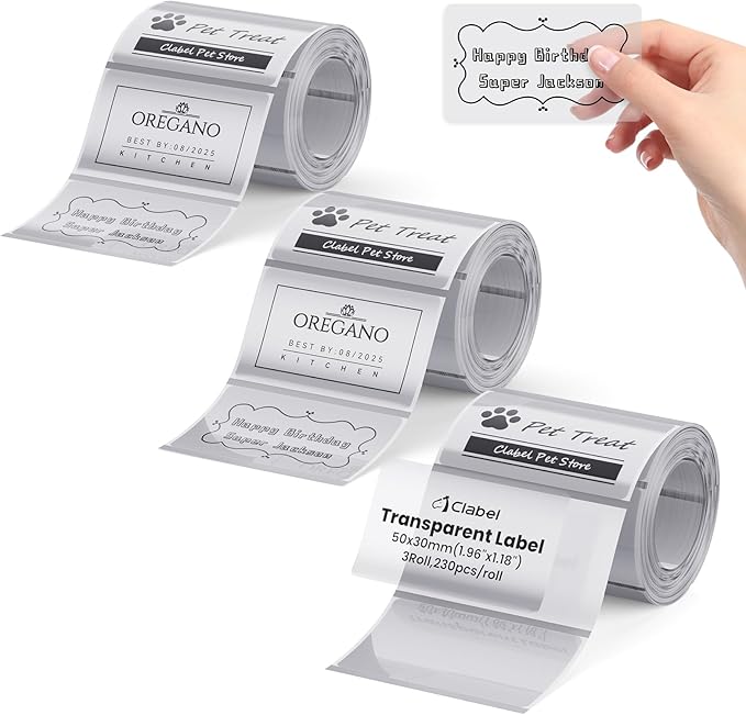 Clabel Clear Thermal Label for CLABEL 221B/320B, 1.96" × 1.18" (50x30mm) Transparent Thermal Stickers for Kitchen Spice Jars, Food Storage & Bottles, Waterproof, Self-Adhesive Paper, 3 Roll