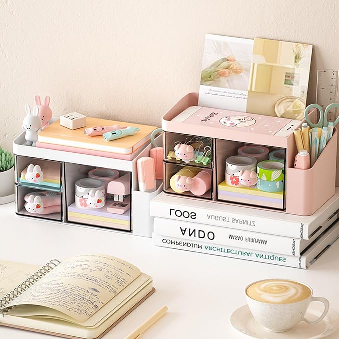 Desk Organizer with Pencil Holder and 3 Drawers, Desk Accessories Holder for Desk, Desktop Stationery Organizer for Office Home School Dressing Table(Rabbit Handle)