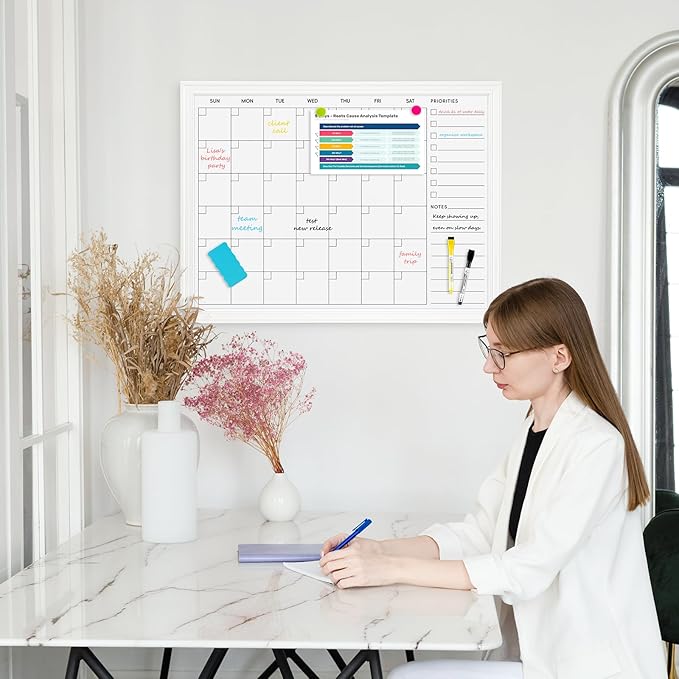 DOLLAR BOSS Magnetic White Board Calendar 36''x 24'', Monthly Dry Erase Planner for Wall with White Wood Style Frame for Office, School, Dorm, Home Decor