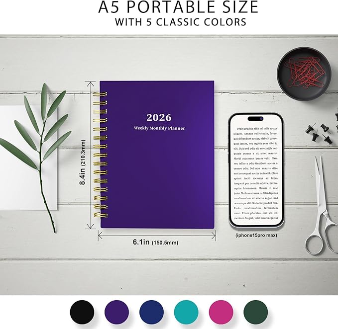 Ymumuda 2026 Planner, Daily Weekly and Monthly Planner,Jan 2026 - Dec 2026, 8.4" x 6.3", 2026 Calendar Planner Book with Tabs, Spiral Notebook with Inner Pocket for Office Home School Supplies