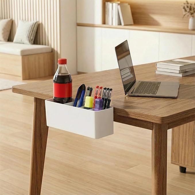 Desk Side Storage, Side Desk Organizer, No Drill Hanging Desk Organizer with 4 Large Pockets, Table Hanging Storage for Office & Home, Fits Flat Table Edge 1.26" (White)