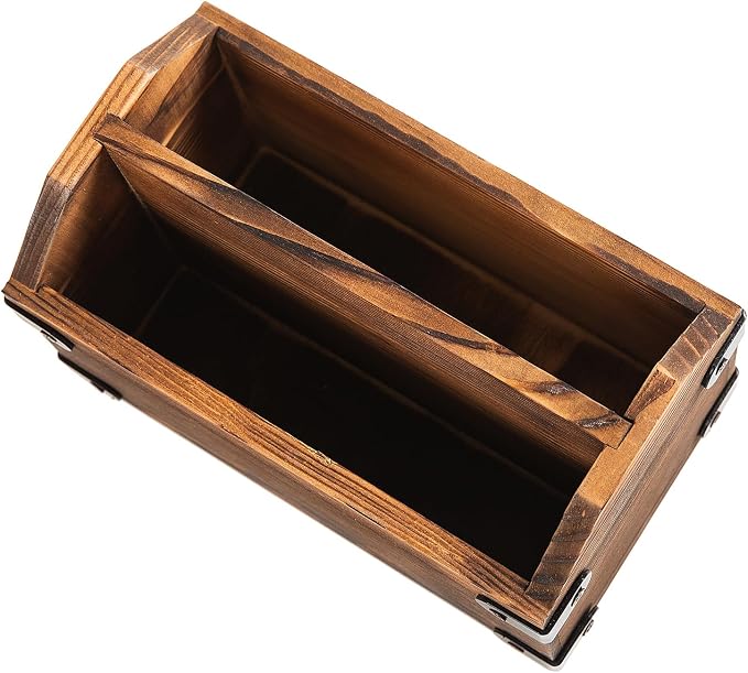 Brown Torched Wood Remote Control Organizer Burnt Wooden Tabletop Storage Caddy Two Compartment Holder TV Game Consoles Cell Phone Kitchen Utensils Office Supplies Living Room Home Bedroom