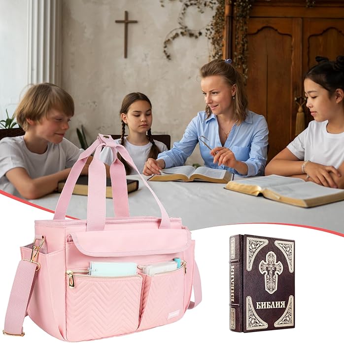 Bible Cover Case for Women,Bible Tote Bag with Shoulder Strap,Church Bag with Multiple Pockets for Bible Study Accessories