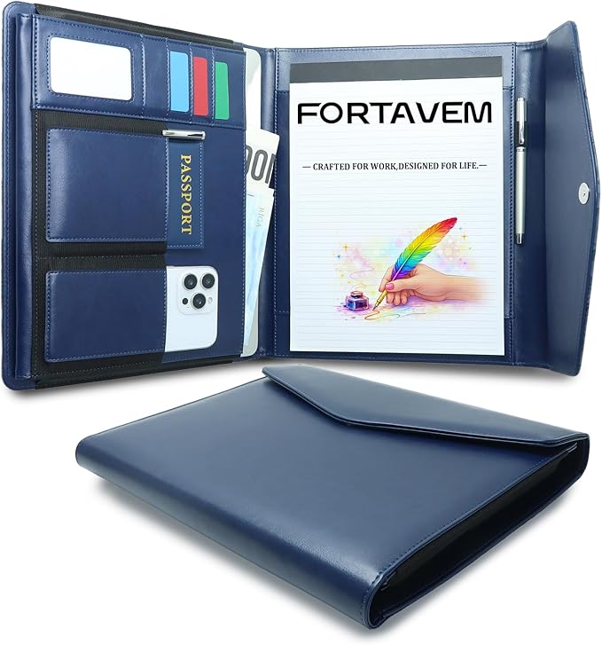 Professional Trifold Padfolio with Magnetic Closure – A4 Letter Portfolio Organizer for Business Meetings, Interviews & Presentations, Document Folder with Notepad Holder Blue