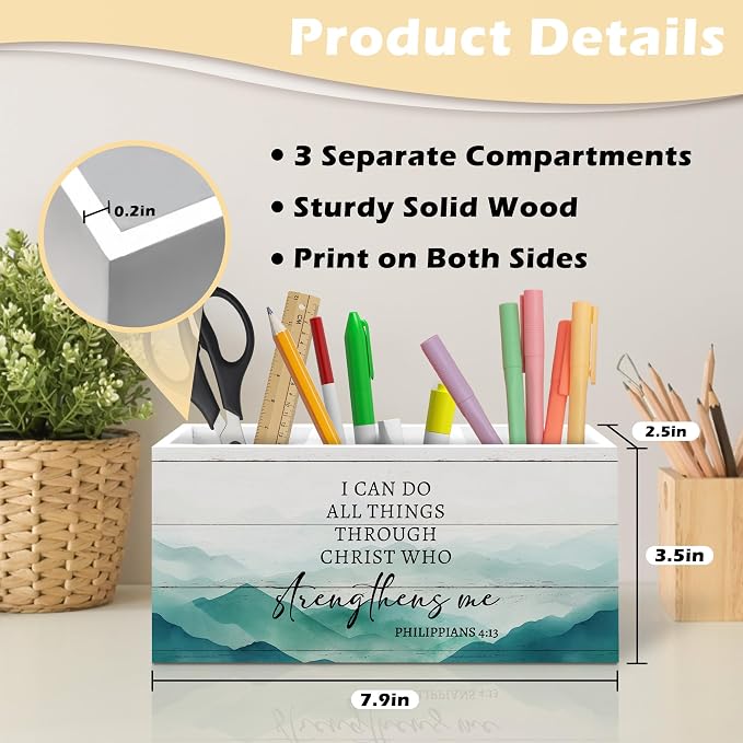Motivational Christian Pen Holder Organizer, Christian Desk Decor, I Can Do All Things Through Christ Bible Verse Wooden Pen Pencil Holders for Home Office Desk Accessories