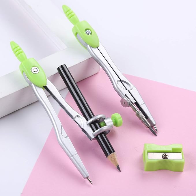 Vobou Math Geometry Kit Sets 10 Piece Student Supplies with Shatterproof Storage Box,Includes Rulers,Protractor,Compass,Eraser,Pencil Sharpener,Lead Refills,Pencil,for Drafting(Green)