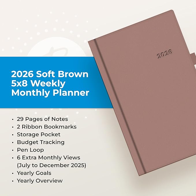 Blue Sky 2026 Weekly and Monthly Planner Calendar, January 2026 - December 2026, 5" x 8", Faux Leather Hard Cover, Bookbound, Tabs, Pen Loop, Soft Brown