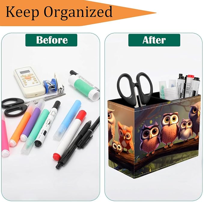 Pen Holder for Desk, PU Leather Multifunctional Desktop Storage Box and Anti-Slip Mouse Pad Set, Makeup Brush Holder Pen Organizer for Office and Home - Cute Owl