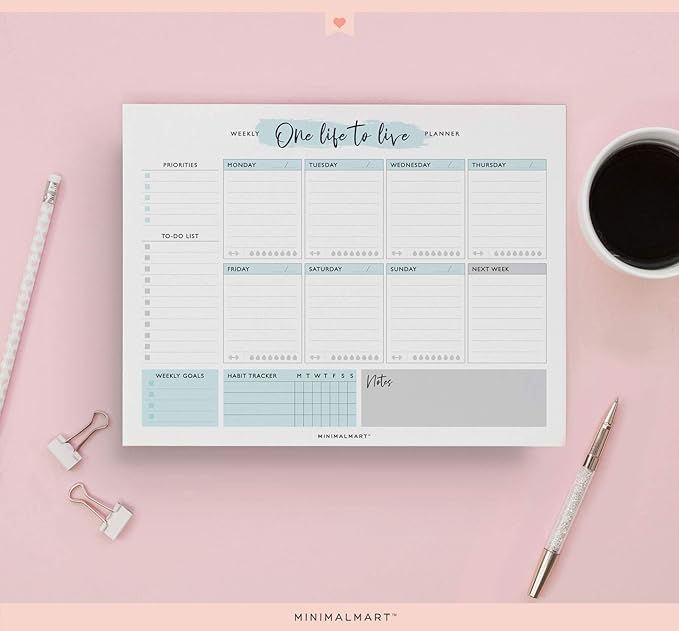Cute Weekly Planner By Minimalmart | 50 Undated Tear-Off Sheets |Personal Productivity Calendar Organizer For Daily Tasks, Appointments, Meal Prep, Notes, Lists| Home Or Office Work Scheduler| 8.5x11β