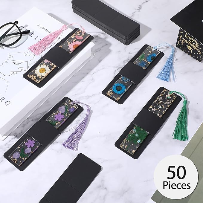 Fumete 50 Pieces Resin Bookmark Holder 5.9 x 1.8 Inches Kraft Bookmark Sleeves DIY Bookmarks Display Cards for Wrapping Small Business Packaging Supplies Party Favor Gift (Black, Cute)