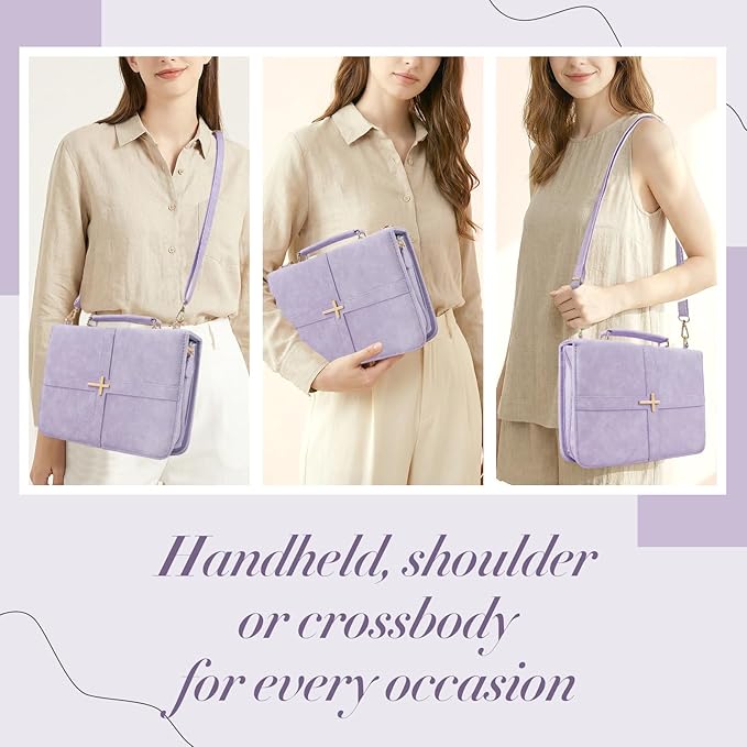 Classic Leather Bible Cover Case with Cross Design and Handle & Shoulder Strap for Women, Durable Bible Study Supplies Organizer Carrying Bag, Christmas Gifts for Christians with Gift Box(Purple
