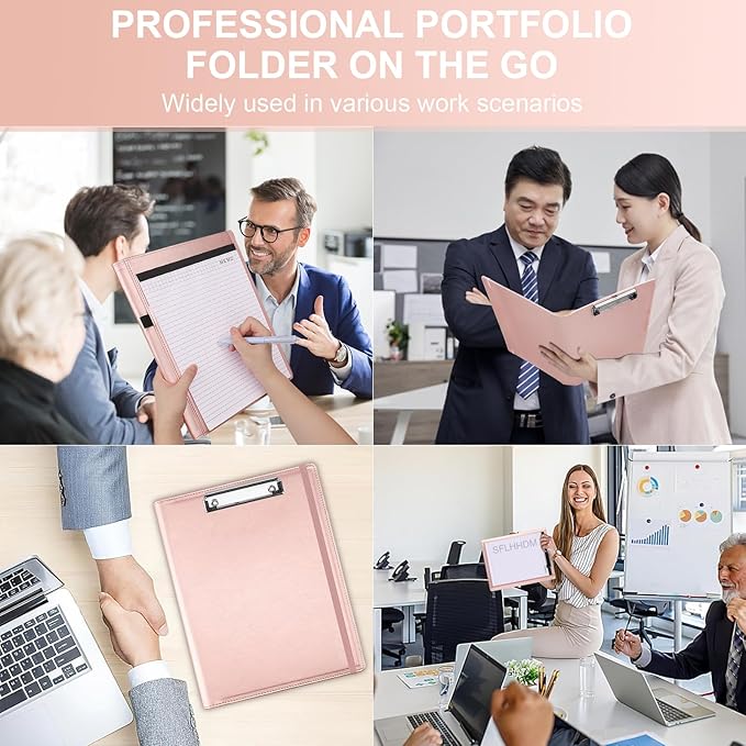 Clipboard Padfolio with Storage Pocket, Clipboard Folder Portfolio Organizer, 360 Degree Foldable Clipboards with Refillable Notepad,Faux Leather Padfolio Organizer for Office School Supplies-Pink