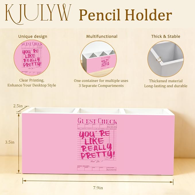 Coquette Trendy Pink Pen Holder for Desk, Pink Office Decor, You're Like Really Pretty Preppy Girly Wooden Box Pencil Pen Holder Organizer for Home Office Desk Accessories