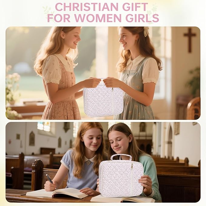 Bible Cover Case for Women Large Bible Cover with Durable Handle Quilted Bible Carrying Case for Girls Bible Study Supplies Accessories (Mini Pink Flower, Mini Pink Flower)