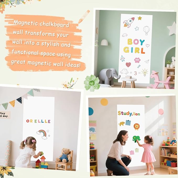 Magnetic Wall Decal 47.2x17.5 Inch White Magnetic Chalk Board Sticker Magnet Chalkboard for Wall Peel and Stick Self Adhesive Blackboard for Playroom Home Office