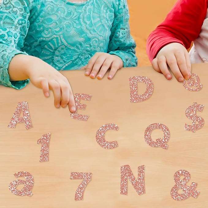 Colarr 216 Pcs Glitter Bulletin Board Letters for Classroom Number Alphabet Punctuation Symbol Cutout 4'' Die-Cut Poster Letter with Adhesive Dot School Party Holiday Decor Display(Rose Gold)