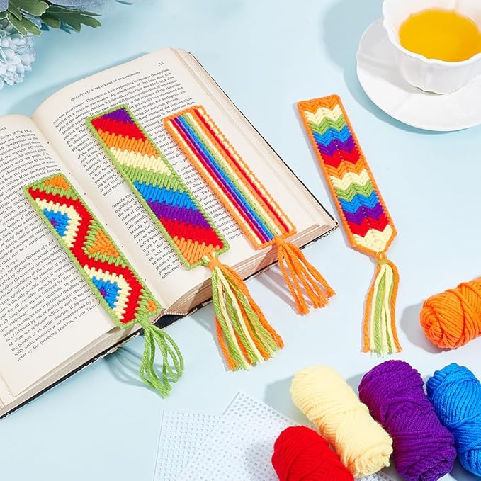 FREEBLOSS 8 Set DIY Rainbow Plastic Canvas Bookmarks Kit Plastic Cross Stitch Sheets Mesh Canvas Sheets for Crafts Bookmark Making Kit for Friends Reading Gift