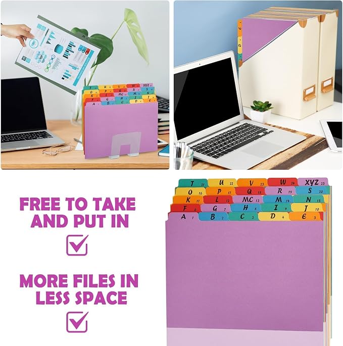 1 Set A-Z Alphabetic and Number Top Label Files, Legal Size, 25 Sheets File Dividers 1/5 Cut Label File Cabinet Dividers Desk Organizer for Office, Home and School (Rainbow)