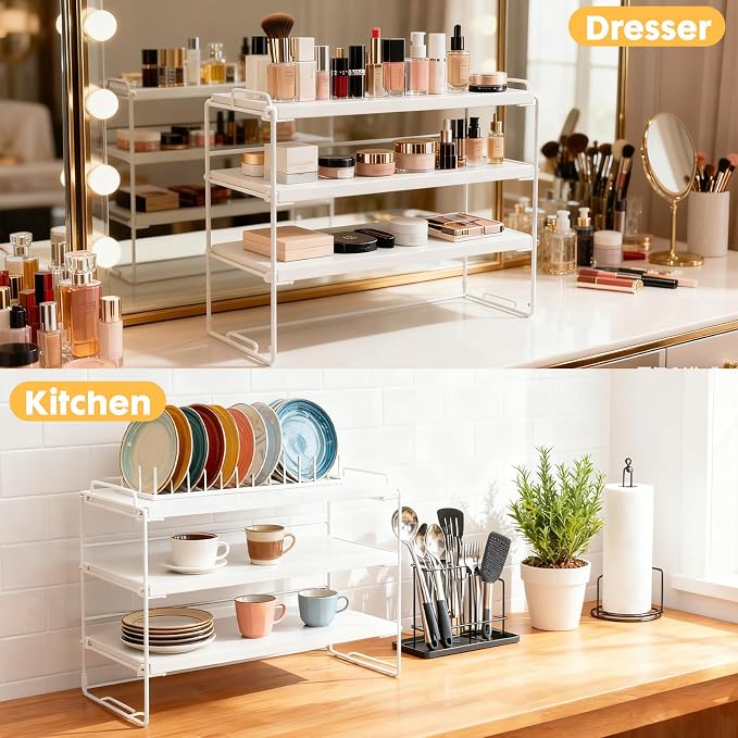 PowerKing Desk Shelf Organizer, 3-Tier Desktop Shelves with Wood Board, Adjustable Bookshelf Storage Rack for Home Office School Study Room (White Frame + White Wood)