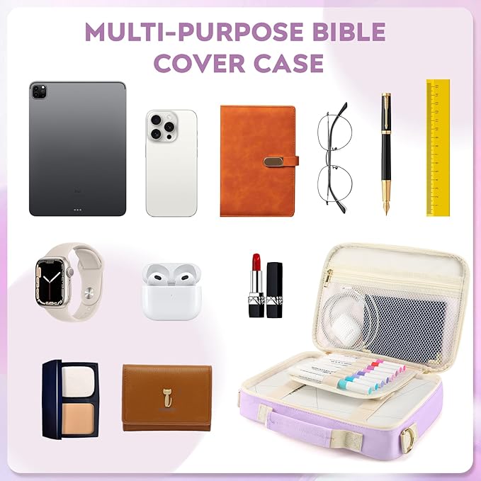Bible Cover Case for Women Grils, Preppy Bible Bag with Adjustable Shoulder Strap, Waterproof Bible Carrying Tote Bags Holder for Bible Study Supplies Accessories & Christian Gifts (Purple)