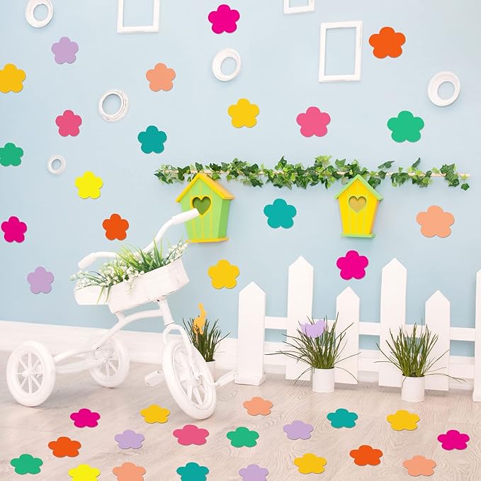 Geyee 108 Pcs Colorful 3.5 Inch Flower Cutouts Paper Spring Summer Bulletin Board Decorations Flowers Die Cut for Crafts DIY Teachers School Office Chalkboard Wall Decor