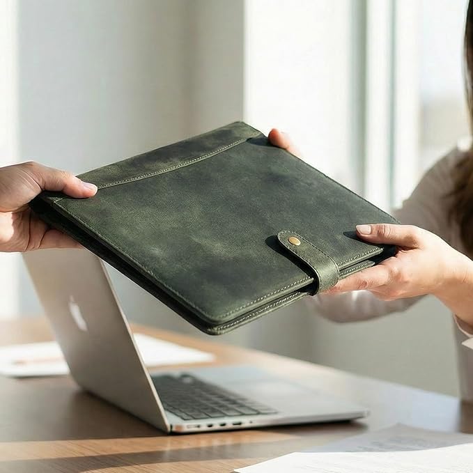 Leather Village Leather Portfolio Organizer - Professional Business Padfolio for Men & Women - Stylish Document Card Holder, Resume Folder, Folio for A4/Letter Size Writing Legal Pad, Olive