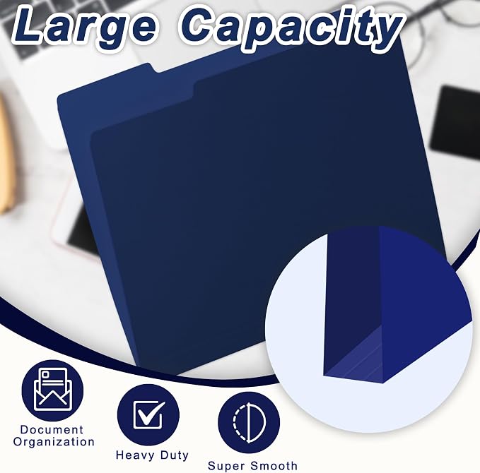 VZCPYTPM 150 Pack Navy Blue File Folders,Letter Size (8.5x11 in),1/3-Cut Tabs in Assorted Positions,Cardstock Paper Folders for Office,School & Home Filing Cabinet Organization, Bulk Document Folders