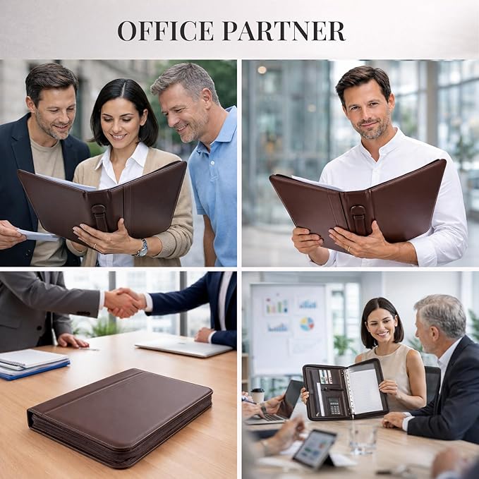 3-Ring Padfolio Portfolio Organizer Binder,Faux Leather Interview Resume Folder,Letter Size A4 Legal Writing Pad Holder for Business School Office Conference Notepad Clip Boards (Brown)