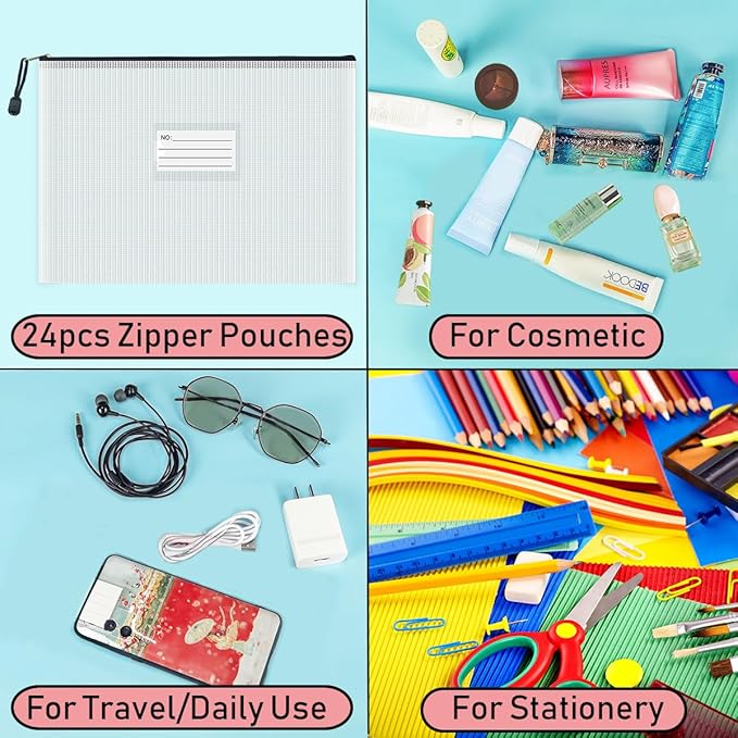 AUSTARK 24pcs Mesh Zipper Pouch Bags with Label, Multipurpose Waterproof Organization Storage Bag for Office School Home Travel (13.4''x9.4'', Black Zipper)
