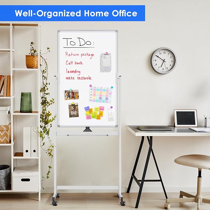 Magnetic Mobile White Board, 48 x 24 Double Sided Dry Erase Board Rolling Whiteboard Aluminum Frame Standing Whiteboard on Wheels