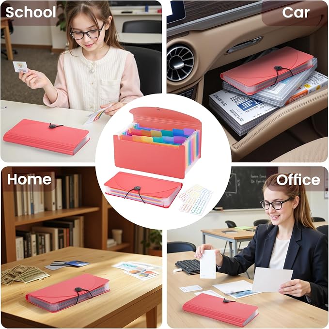 13 Pocket A6 Receipt Organizer, 2 Pack Small Accordion File Organizer, Coupon Organizer with Labels - Pink