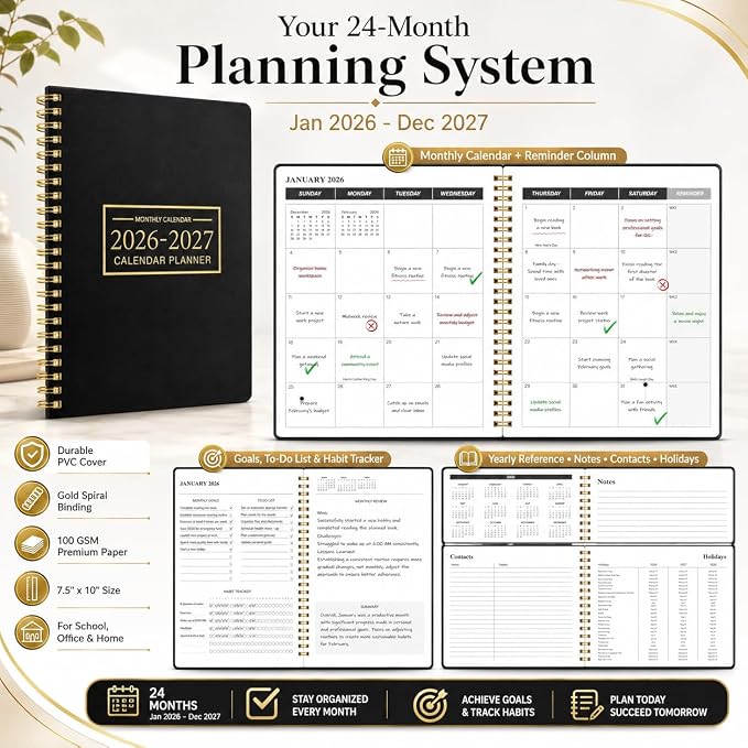 Monthly Planner 2026-2027, Jan 2026 - Dec 2027, 2 Year Calendar Planner, 7.5" x 10" Spiral Bound Monthly Agenda with Goals, To Do List, Habit Tracker & Notes Pages for School Office Home