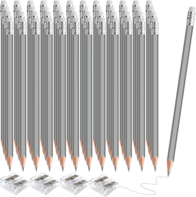 48 PCS Silver Colored Pencils with Eraser Pre Sharpened Pencil 2 HB - Ideal for Checking, Grading, Tests & Office/School Supplies (Silver)