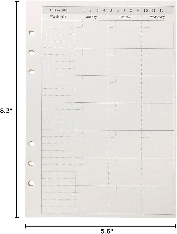 Zelten Refills/Loose Leaves for A5 Cover Ring Binder/Personal Organizer/Planner(A5 6 Holes, Monthly Plan)