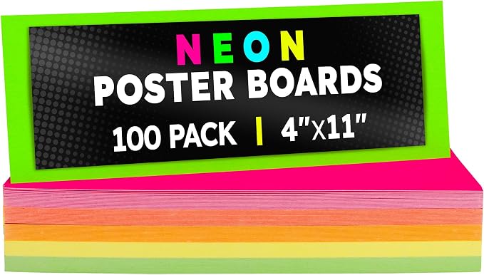 Hygloss Small Poster Board 4x11 - 100 Assorted Neon Color Bulk Pack - 10 Pt. Thickness Colored Poster Board Paper for Projects, Flash Cards, Signs - Posterboard Multipack 4" x 11"