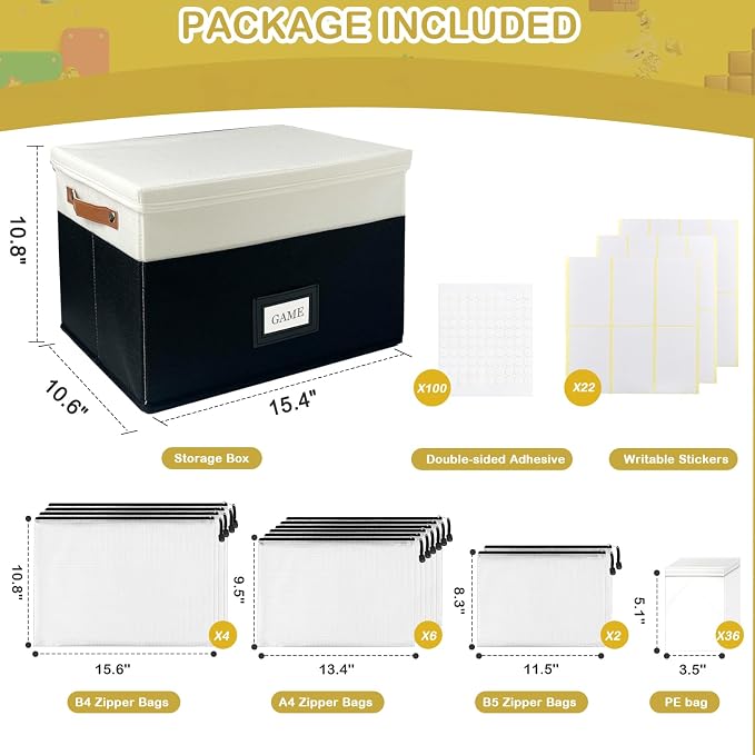 Board Game Storage, Board Game Organizer with 12pcs Zipper Bags and Writable Stickers, Board Organizers Storage with Lid for Office Supplies, Puzzles, Video Game, Craft Product,2pcs