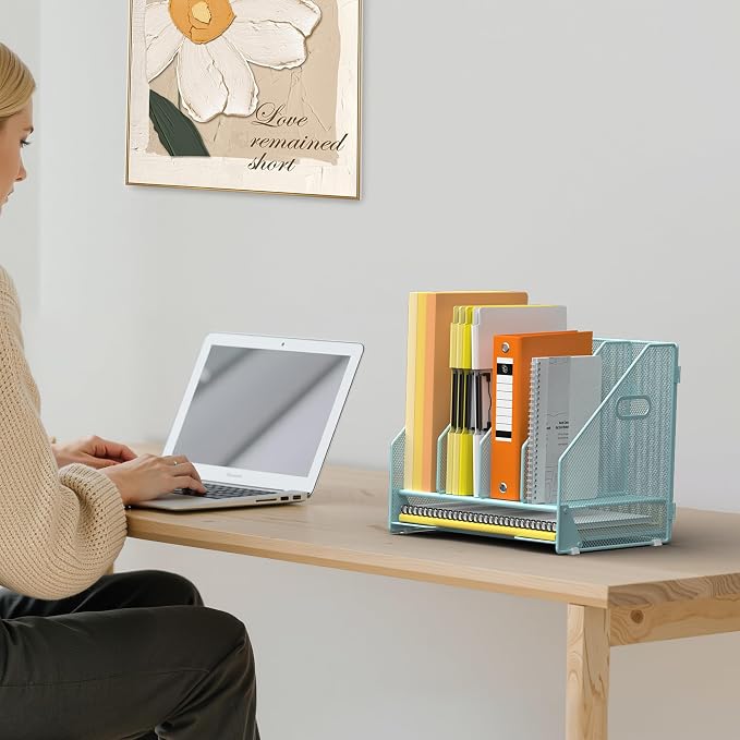 Docnest Desk File Holder Sorter, 4 Vertical Compartments Rack with Letter Tray, Mesh Magazine File Holder with Handle,Workspace Organizers,Desk Organizers for Paper, Mail, Documents-Blue
