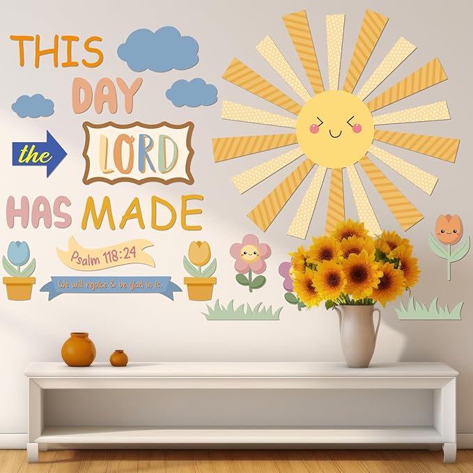 Fuyoooo 150 Pcs Spring Christian Bulletin Board Set Sunday School Bulletin Board Inspired Religious Classroom Decoration for Teacher Sunday School VBS Bible Church Summer Wall Decor(Boho Color)