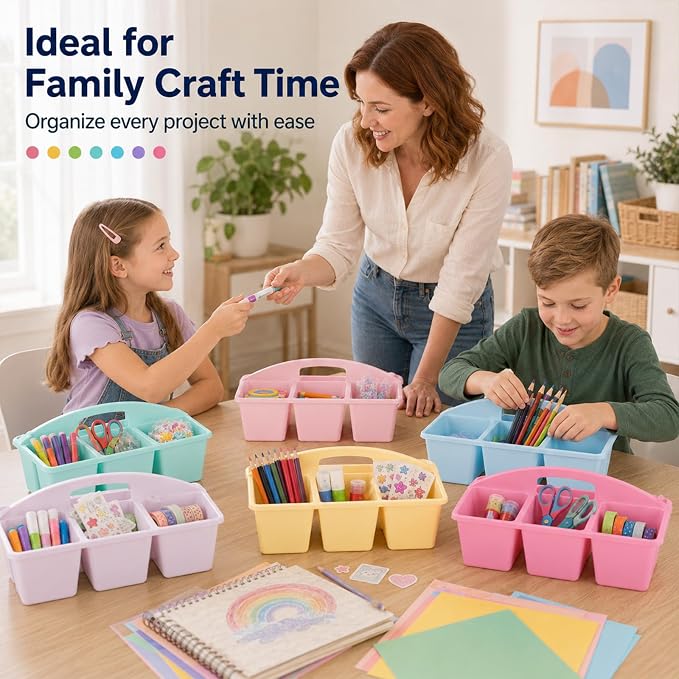 6 Pack Assorted Colors 6 Compartment Classroom Caddy with Handle Portable Plastic Storage Classroom Caddies Organizer for Classrooms Supply Teacher Office Table Desk(Pink Purple)