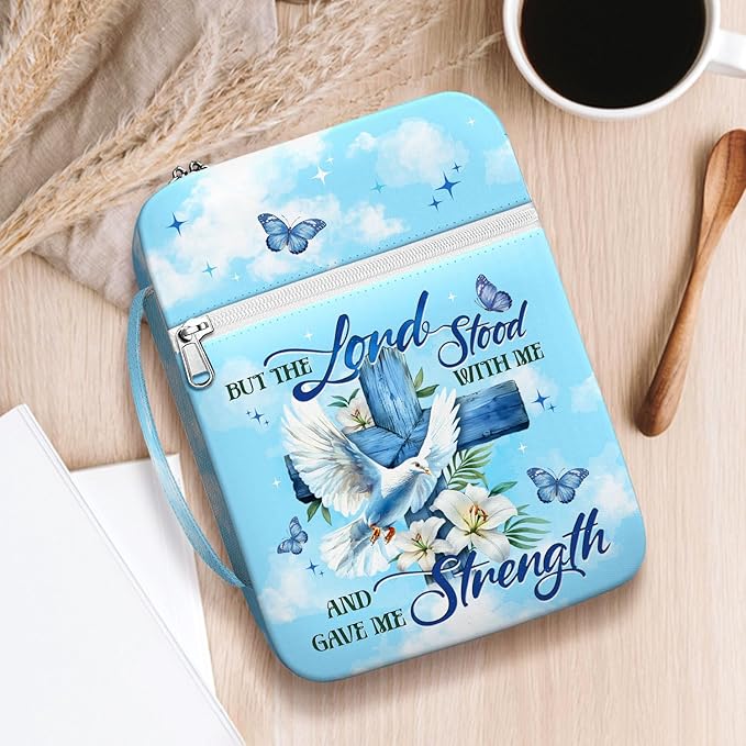Bible Cover for Women with Handle, Canvas Scripture Case with Zipper Pocket, Inspirational and Butterfly Design, Christian Gift for Ladies, Church Bible Study Bag