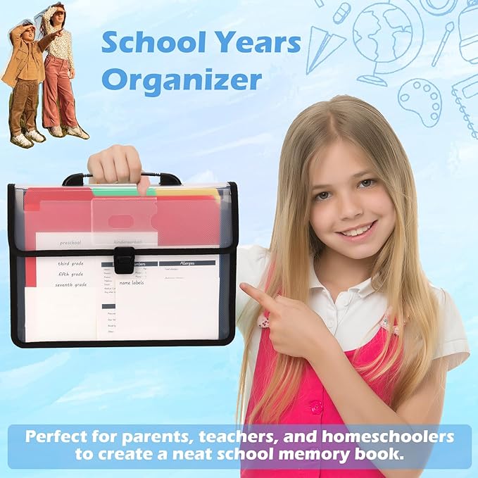 School Years Organizer Kit Clear Plastic Storage Tote with 20 Letter Size Colored Manila Folders 60 Reusable Sticker Labels School Memory Keepsake Box for Pre K to 12th Grade DIY Organization (Black)