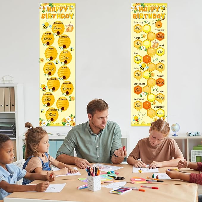 Bee Happy Birthday Poster Chart Calendars Bulletin Board Decorations Honey Bumble Birthday Classroom Wall Door Decor for Hive Birthday Bulletin Boards Nursery Home Kindergarten Back to School Supplies