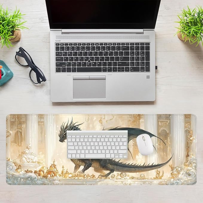 Fantasy Beast Desk Pad Mouse Pad Golden Palace Epic Dragon Large Gaming Mouse Mat with Stitched Edges,Non-Slip Waterproof Rubber Base Mous Mat Office Computer Keyboard Laptop Home 31.5"x11.8"