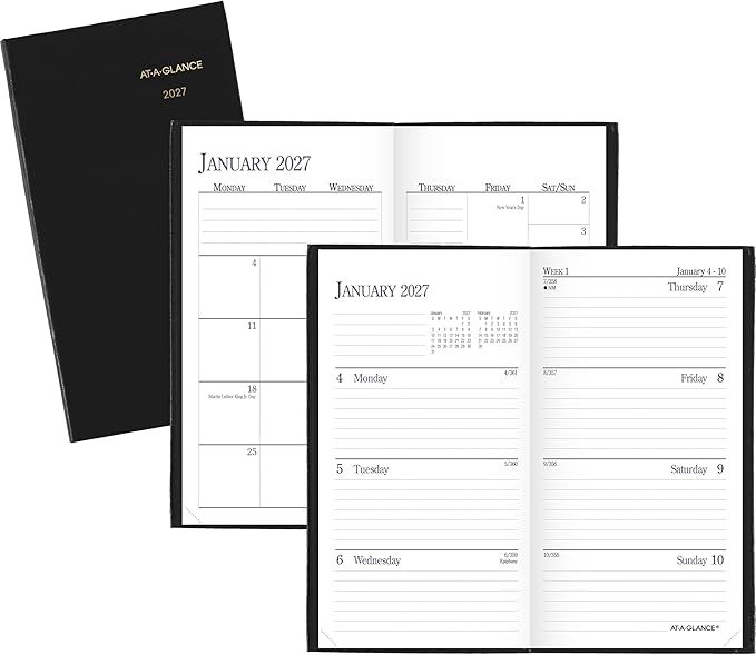 AT-A-GLANCE 2027 Planner, Weekly & Monthly, 3" x 6", Pocket Size Fine Diary, Faux Leather Hardcover, Black (72020527)