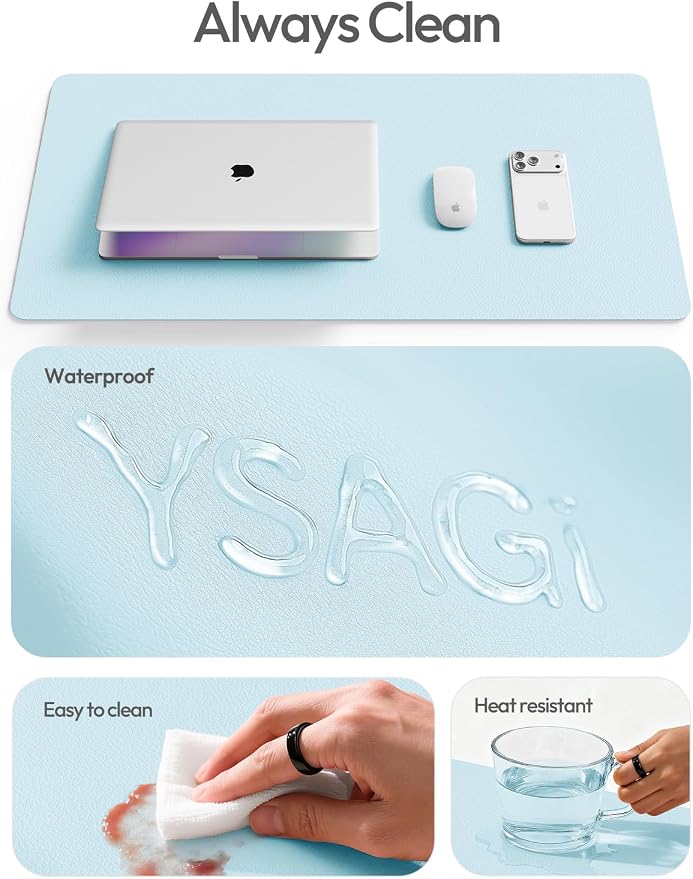 YSAGi Leather Desk Protector, Office Mat, Large Mouse Mat, Non-Slip PU Leather Blotter, Laptop Pad, Waterproof Writing Pad for Office and Home (Baby Blue, 47" x 17")