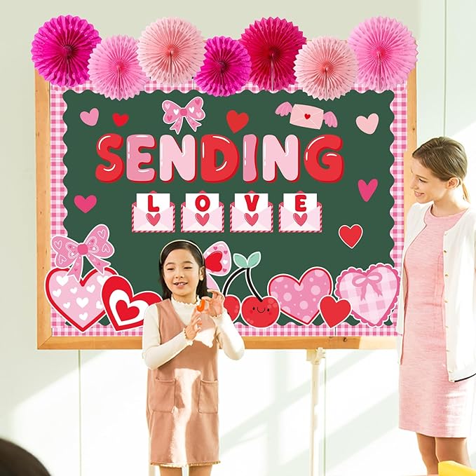 Valentine's Day Bulletin Board Decoration with 3D Paper Fans Valentines Party Classroom Bulletin Board Decorations Sending Love Heart Envelope Cutouts Red Pink Heart Cut Outs for School Home Wall Door