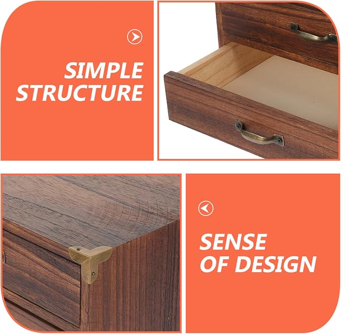 Alipis Wooden Desk Organizer, Wood Desktop Storage Cabinet Desk Drawer Organizer Vintage Treasure Box with Metal Handle for Home Office Counter Decor B